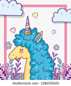 cute unicorn with branches leaves and hearts