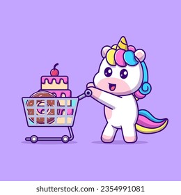 Cute Unicorn Bring Cake and Donut With Trolley Cartoon Vector Icon Illustration. Animal Food Icon Concept Isolated Premium Vector. Flat Cartoon Style