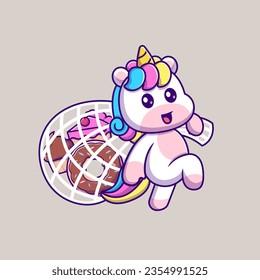 Cute Unicorn Bring Cake and Donut With Net Bag Cartoon Vector Icon Illustration. Animal Food Icon Concept Isolated Premium Vector. Flat Cartoon Style