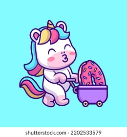 Cute Unicorn Bring Donut With Trolley Cartoon Vector Icon Illustration. Animal Food Icon Concept Isolated Premium Vector. Flat Cartoon Style