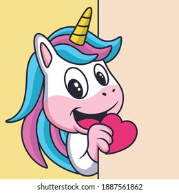 Cute Unicorn bring Love with Smile. Cartoon Vector Icon Illustration. Animal Love Icon Concept Isolated Premium Vector.