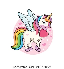 Cute unicornio trae amor con caricatura de sonrisa. Ilustración del icono del vector animal aislado en el vector premium