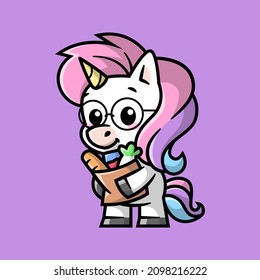 A CUTE UNICORN IS BRINGING A BAG OF FOOD CARTOON ILLUSTRATION. 