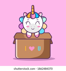 cute unicorn in brown box with I love you writing, vector eps 10
