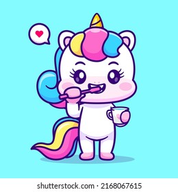 Cute Unicorn Brush Teeth Cartoon Vector Icon Illustration. Animal Healthcare Icon Concept Isolated Premium Vector. Flat Cartoon Style