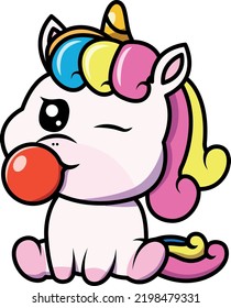 Cute unicorn with bubble gum - cartoon character - vector illustration