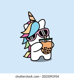 Cute unicorn with bubble tea cartoon, vector illustration