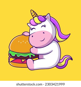 Cute Unicorn mit Burger Cartoon Vektorgrafik Illustration. Flaches Cartoon-Konzept. Geeignet für jedes kreative Projekt.