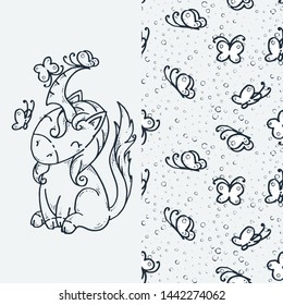 Cute unicorn with butterflies. Cartoon hand drawn vector illustration. Nice for t-shirt print, kids wear fashion design, clip-art, baby shower invitation cards