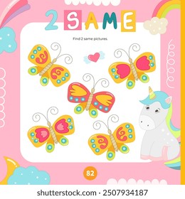 Cute unicorn and butterfly activities for kids. Find two same pictures. Logic games for kids. Vector illustration. Square Activity Book. Game to boost attention and focus.