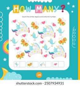 Cute  Unicorn and butterfly activities for kids. How many. Count the number of objects. Vector illustration. Book square format. Math game for learning counting.