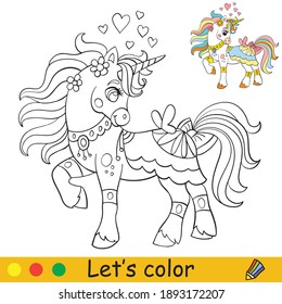 Cute unicorn with butterfly and hearts. Coloring book page with colorful template. Vector cartoon illustration isolated on white background. For coloring book, preschool education, print and game.