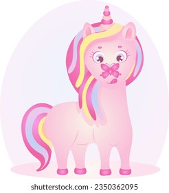 Cute unicorn with a butterfly on his nose, colorful character, vector illustration, eps 10