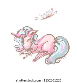 Cute unicorn and butterfly sweet dreams print. Sleep Unicorn isolated vector icon. Fantasy horse sticker, patch badge. Magic cartoon animal. Rainbow horn, pink hair. Dream symbol.