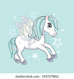 Cute unicorn with butterfly wings and glittering hair over background with stars.