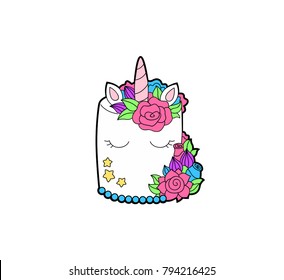 Cute unicorn cake. Birthday Unicorn isolated vector icon. Fantasy horse sticker, patch badge. Sticker for Valentine's Day or  Happy birthday holiday.