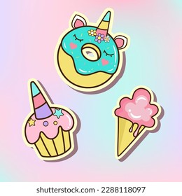 Cute unicorn cake, donut and ice cream. Cartoon vector dessert pictures. 