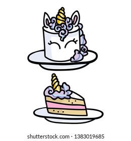 Cute unicorn cake slice cartoon vector illustration motif set. Hand drawn for girls party celebration. Magical pastel celebration graphics. Birthday web buttons.
