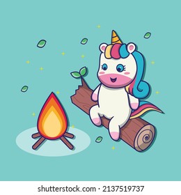 cute unicorn Camping in the Forest, Enjoy the Bonfire, suitable for children's books, birthday cards, valentine's day, stickers, book covers, greeting cards, printing