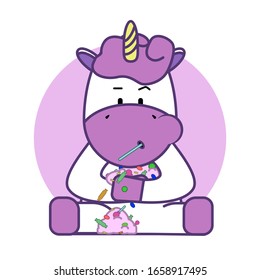 Cute unicorn with candies and lolly pop. Pink surprised unicorn. Children's vector illustration for stickers, notebooks, avatar etc on a white background.