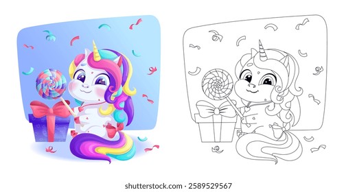 Cute unicorn with candy lollipop. A page of a children's coloring book. A black outline on a white background. Vector isolated illustration with a colorful template. For coloring, printing, and design