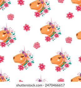 Cute unicorn capybara with flowers seamless pattern. For printing on T-shirt and paper. Vector illustration.