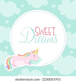 Cute Unicorn Card with Pretty Pony Sleeping on Pillow with Sweet Dreams Inscription Vector Template