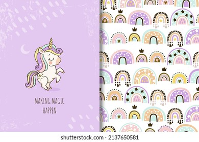 Cute unicorn card   rainbow seamless pattern