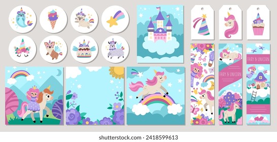 Cute unicorn cards set with fairy princess, castle, rainbow. Vector magic fantasy world square, round, vertical print templates and nature scenes. Fairytale design for tags, postcards, party
