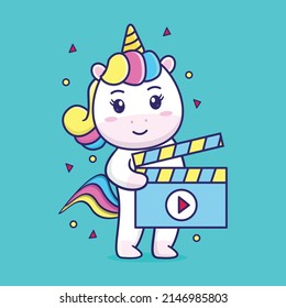 cute unicorn carrying clapper board, suitable for children's books, birthday cards, valentine's day, stickers, book covers, greeting cards, printing.