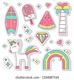 Cute unicorn cart vector set illustration for kids fashion kawaii artworks, children books, prints, greeting cards, t shirts, wallpapers, scrapbook element, badges, stickers, patches, postcard, banner