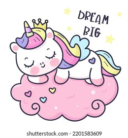 Cute Unicorn cartoon baby sleeping night on cloud (Kawaii vector). Series: Fairy tale animal, girly doodles. Perfect make a wish for birthday party children, princess party, pattern, background.