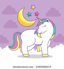 cute unicorn cartoon between clouds with stars and moon on violet sky vector illustration