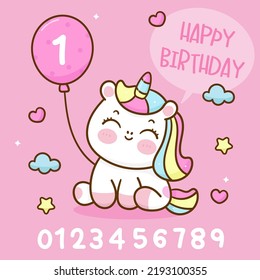 Cute unicorn cartoon with Birthday balloon and number: Series fairy girl child pony kawaii animal character (flat Girly doodles). Perfect Nursery children, kids, greeting card, baby shower girl.