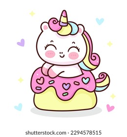 Cute unicorn cartoon in birthday cupcake for café logo, bakery shop. Series: Kawaii animal pony isolated on white background (Character cartoon) Holiday activities. Perfect make a wish for baby.