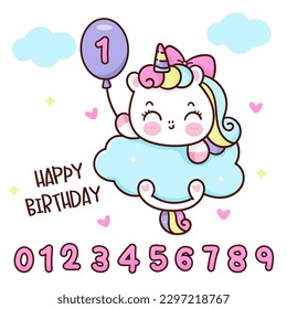 Cute unicorn cartoon and birthday number on balloon. Series: Kawaii animal pony isolated on white background (Character cartoon) Holiday activities. Perfect make a wish for baby t shirt fairy tale.
