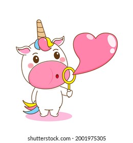 Caricatura de unicornio que sopla burbuja de amor. Ilustración vectorial del carácter chibi aislado en fondo blanco.