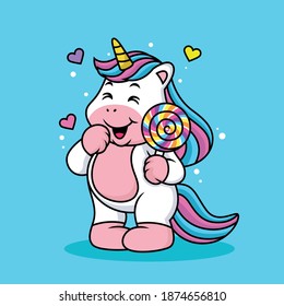 Cute Unicorn Cartoon bring Lollipops with Cute Expression