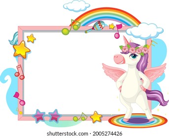 Cute unicorn cartoon character with blank banner illustration