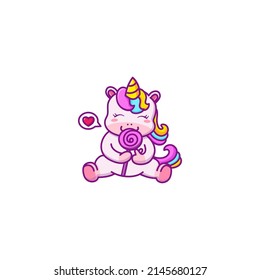 cute unicorn cartoon character eating candy
