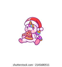 cute unicorn cartoon character eating pizza