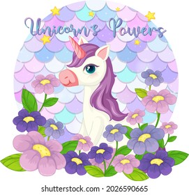 Cute unicorn cartoon character on pastel scales background isolated illustration