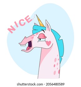 Cute unicorn cartoon character saying nice sticker. Funny emoticon of smiling fairy horse with horn in profile flat vector illustration isolated on white background. Fairytale, fantasy, joy concept