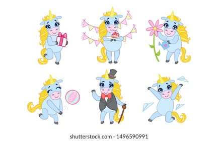 Cute Unicorn Cartoon Character Set, Adorable Animal In Different Situations Vector Illustration