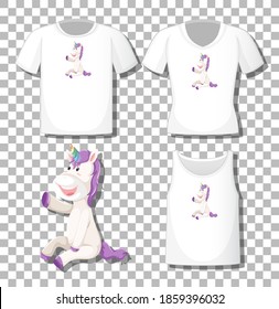 Cute unicorn cartoon character with set of different shirts isolated on transparent background illustration