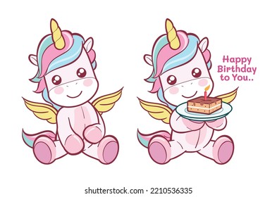 Cute unicorn cartoon character smiling and holding a birthday cake. Kawaii animals vector illustration.