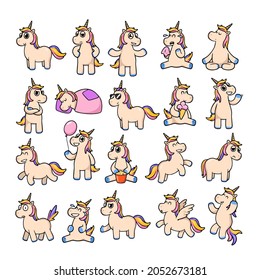 Cute unicorn cartoon character sticker set. Collection of magical animals, baby horse or pony with rainbow hair vector illustrations for kids isolated on white background. Fairytale, fantasy concept