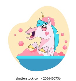 Cute unicorn cartoon character taking bath sticker. Funny emoticon of fairy horse bathing in profile flat vector illustration isolated on white background. Fairytale, fantasy, hygiene concept