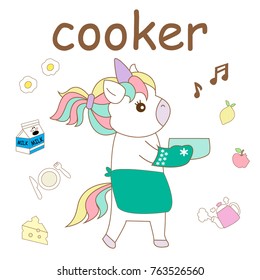 cute unicorn cartoon charactor cooker with kitchen item egg milk dish butter teapot apple lemon and happy on white background in pastel color theam vector design illustration for print card or shirt 