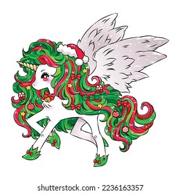 Cute Unicorn Cartoon in Christmas Theme, Pegasus Cartoon in Santa Claus Costume, isolated on white.